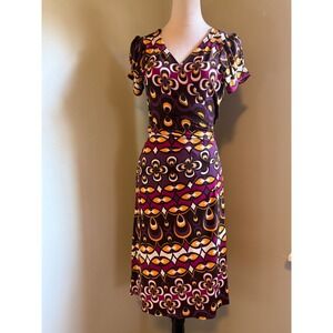 Bisou Bisou Mic 12 Purple Geometric Print Wrap Midi Dress Y2K boho whimsi retro